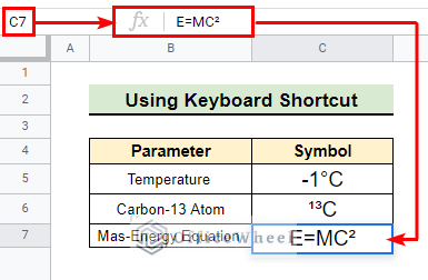 Result of Inserting Mass-Energy Equation using keyboard shortcut